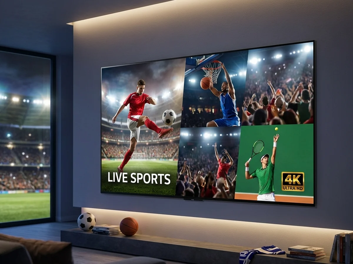 Family streaming crisp 4K IPTV channels through Watchit on living room TV