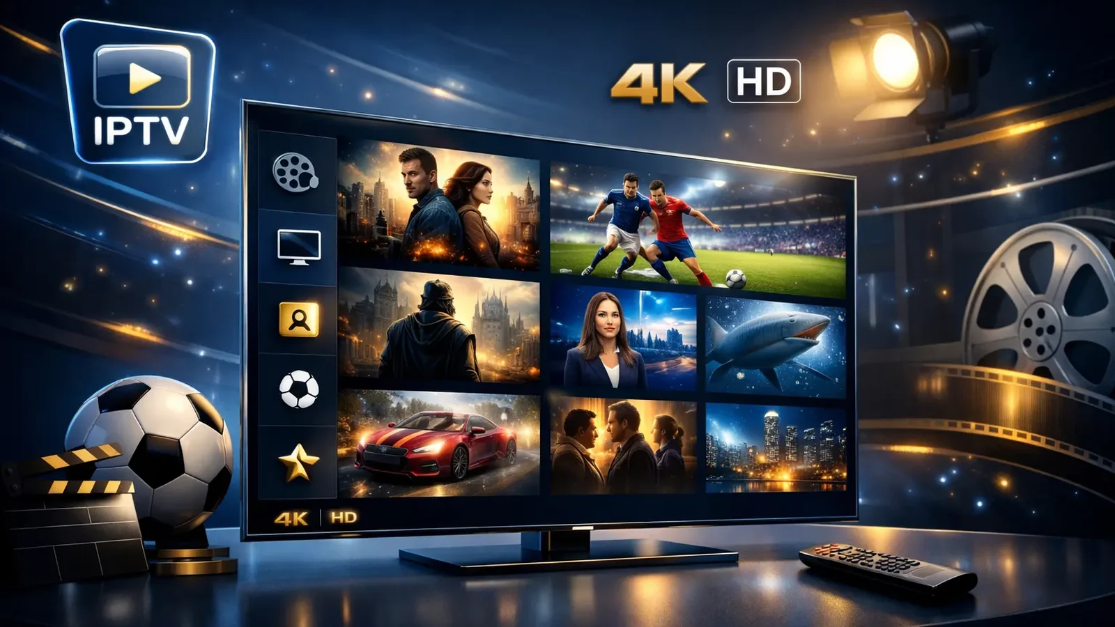 Firestick remote and IPTV Smarters channel guide on a 4K living room TV